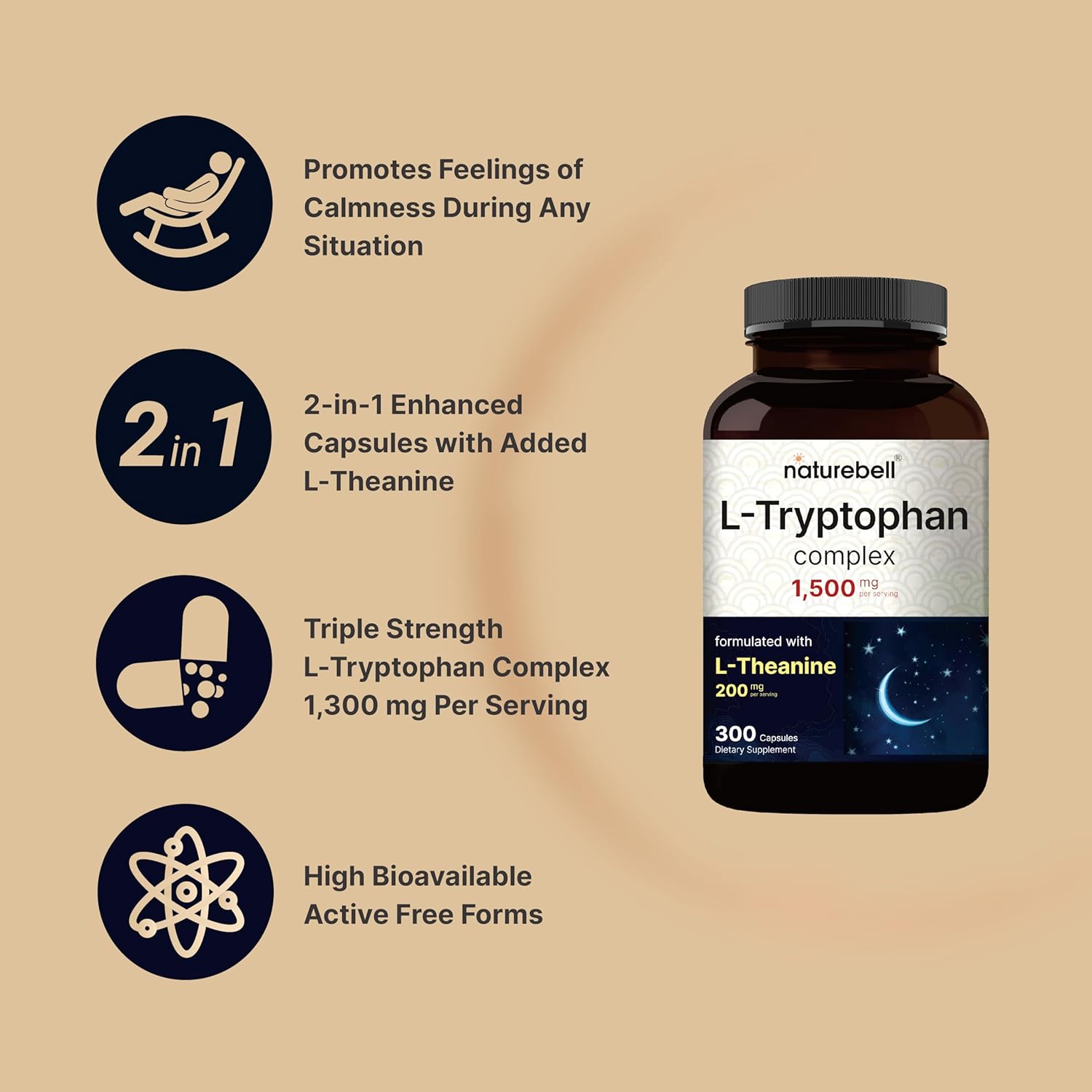 Picture of Naturebell L-Tryptophan 1500mg with L Theanine 200mg- 300 Capsules