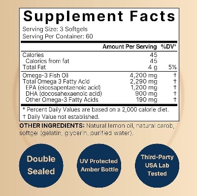 Picture of NatureBell Omega 3 Fish Oil 4,200mg Highly Purified EPA 1,200mg & DHA 900mg Lemon Flavored 180 Softgels