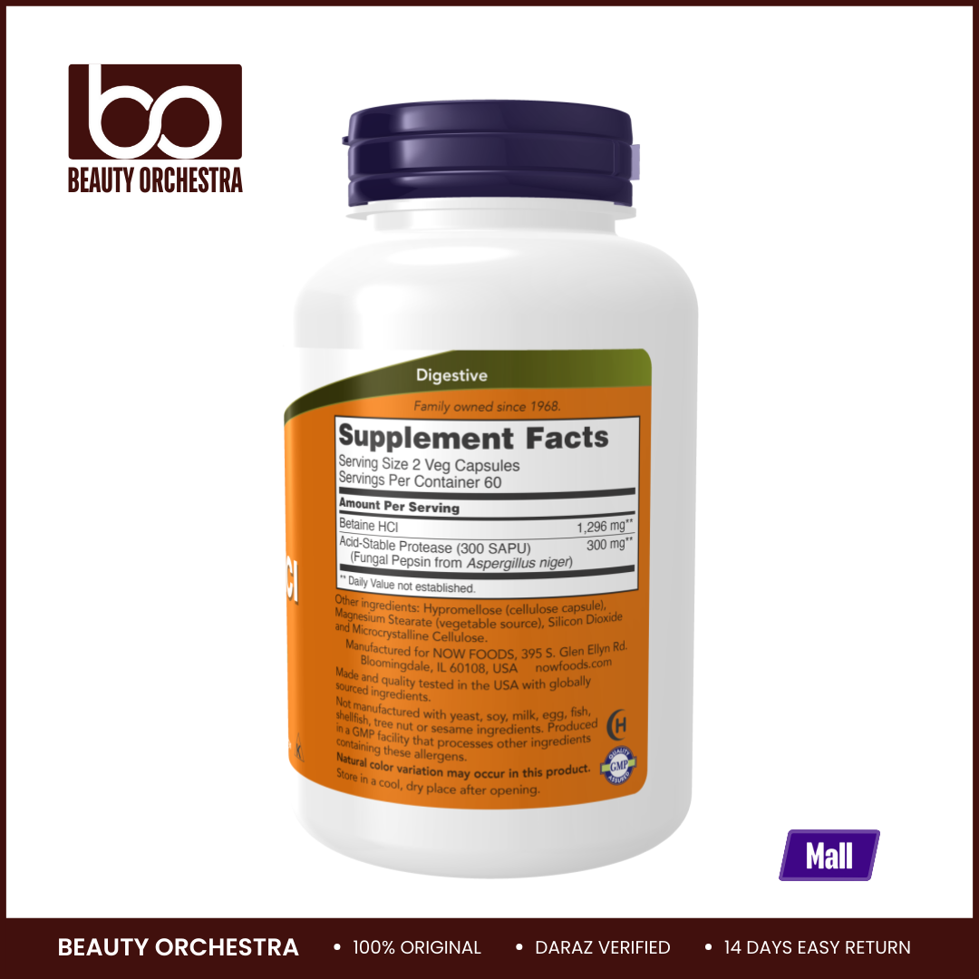 Picture of NOW Betaine HCl 648 mg - 120 Veg Capsules (Betaine HCI, Vegetarian Formula, Digestive Support)