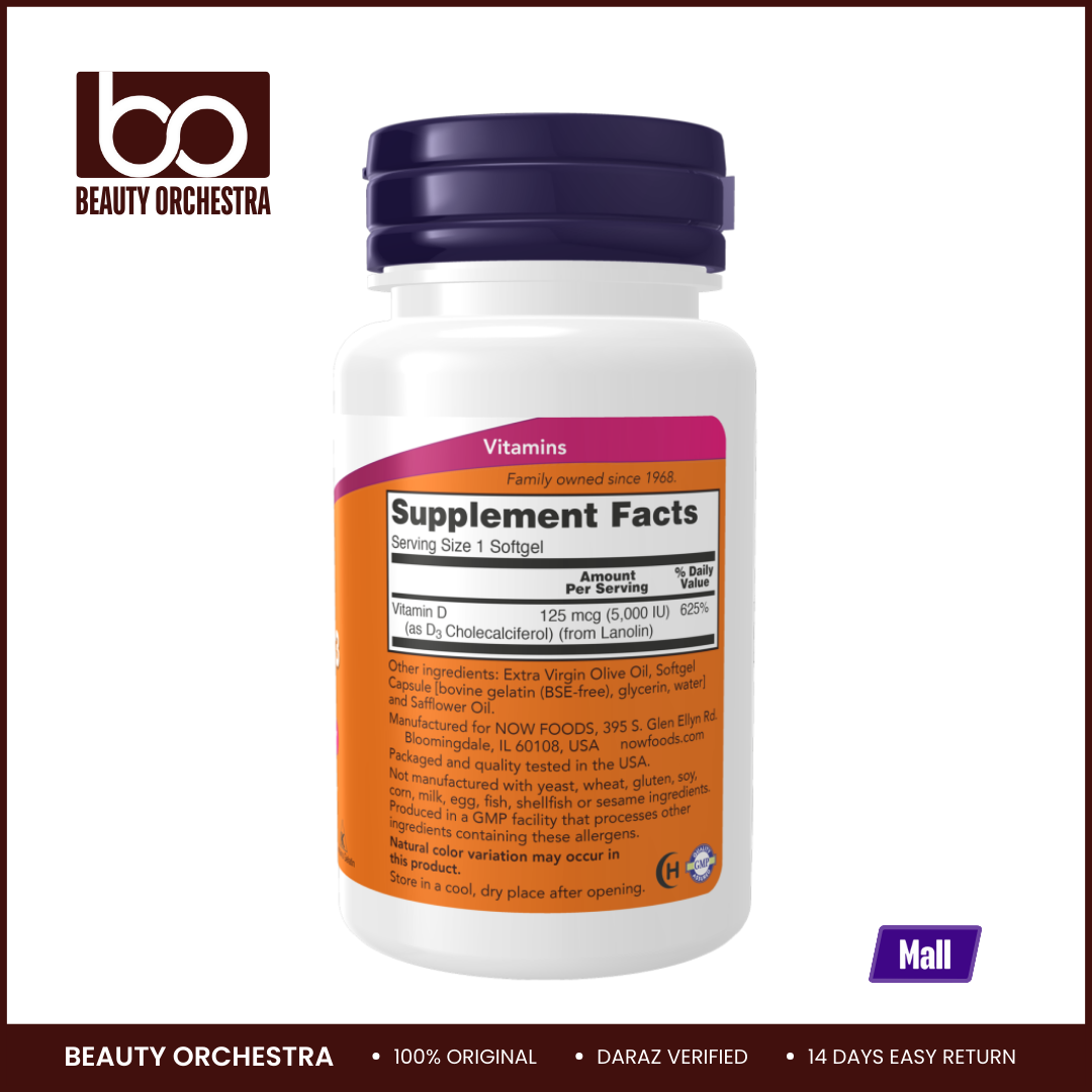 Picture of NOW Vitamin D3 5000 IU Supplement 120 Softgels per Bottle