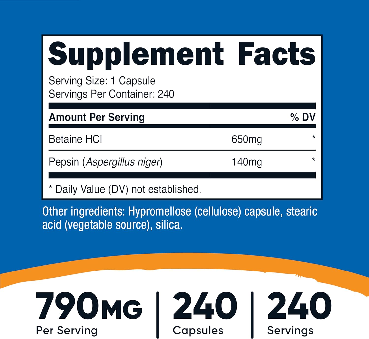 Picture of Nutricost Betaine HCl + Pepsin 790mg 240 Capsules (Betaine HCI)