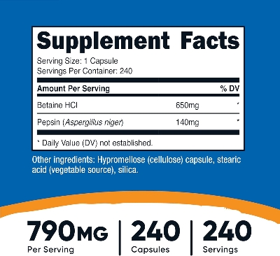Picture of Nutricost Betaine HCl + Pepsin 790mg 240 Capsules (Betaine HCI)