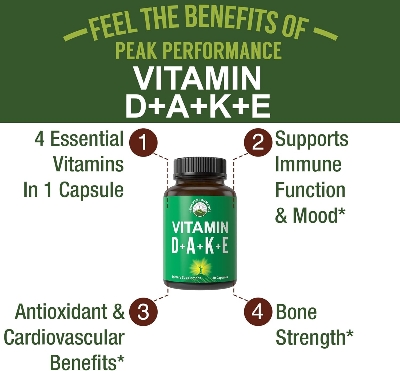 Picture of Peak Performance Vitamins D 5,000 iu + A + K + E All In 1 Easy to Swallow Vegan Capsule ADK Vitamin Supplement With E D3 K2 Essential Vitamins For Mood, Immune, Bone, Vision, Heart - 30 Capsules