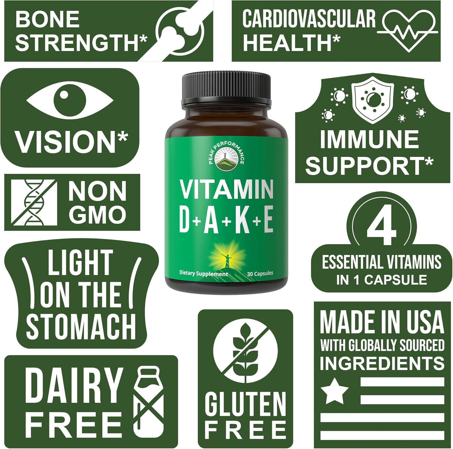 Picture of Peak Performance Vitamins D 5,000 iu + A + K + E All In 1 Easy to Swallow Vegan Capsule ADK Vitamin Supplement With E D3 K2 Essential Vitamins For Mood, Immune, Bone, Vision, Heart - 30 Capsules