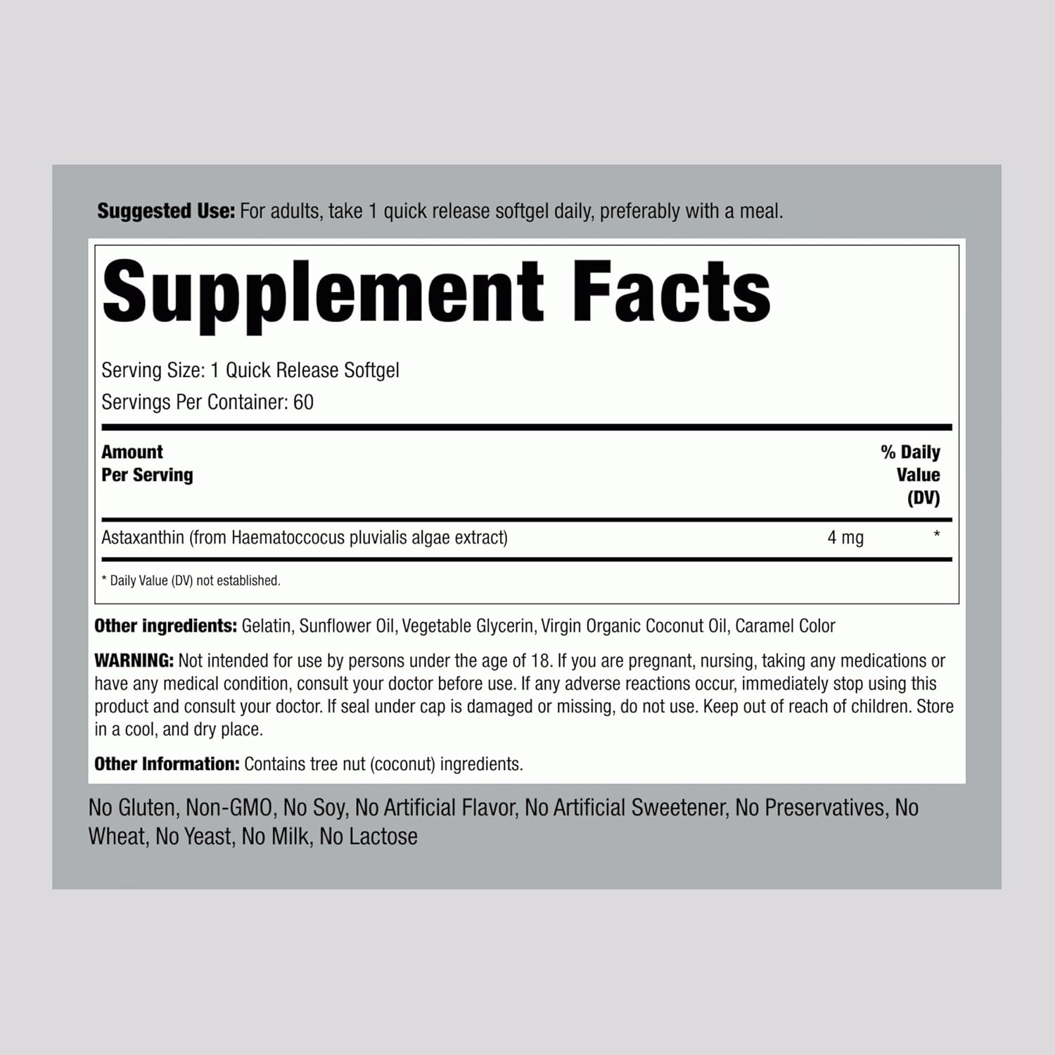 Picture of Piping Rock Astaxanthin 4mg 60 Softgels with Coconut Oil