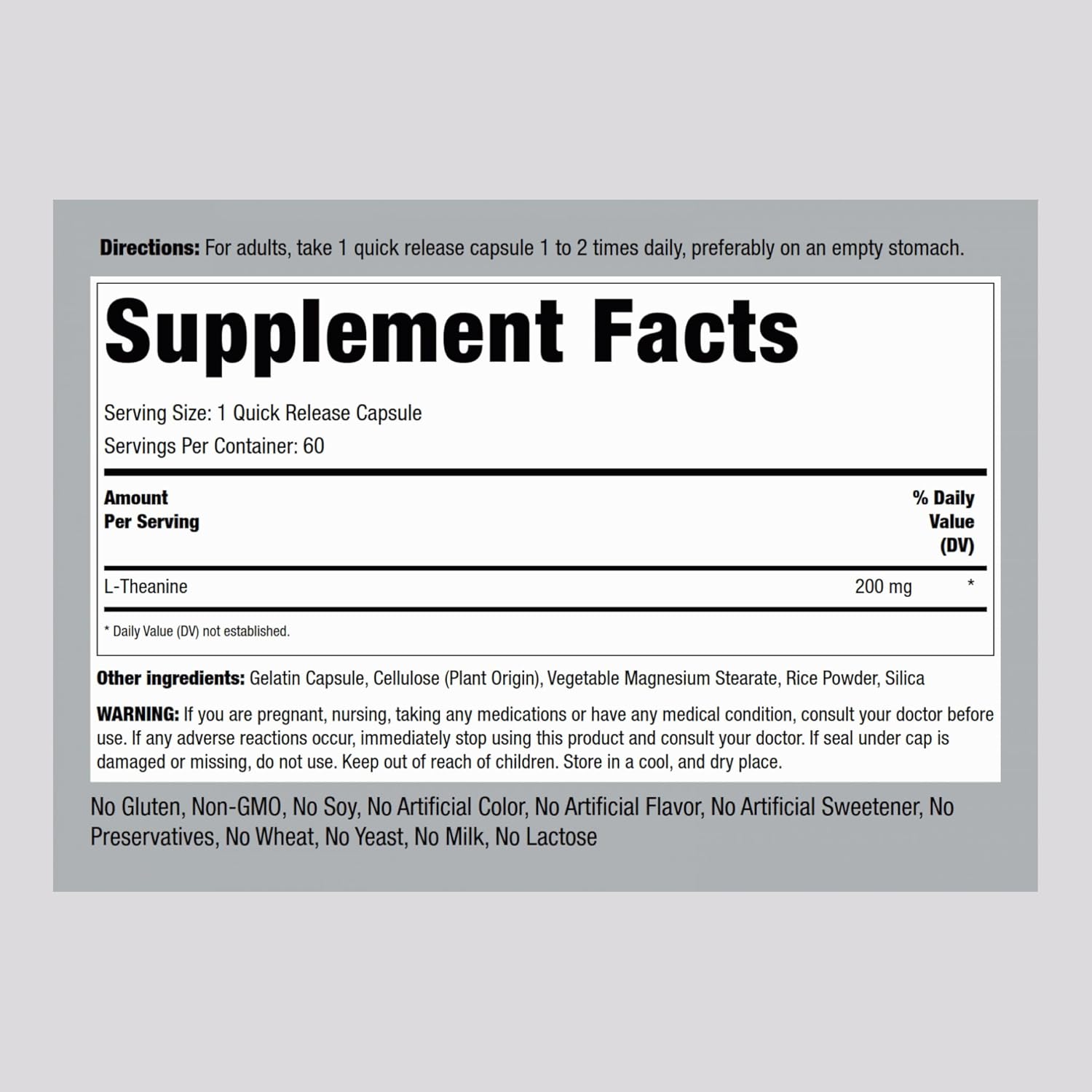 Picture of Piping Rock Double Strength Premium L-Theanine 200mg Supplement 60 Capsules