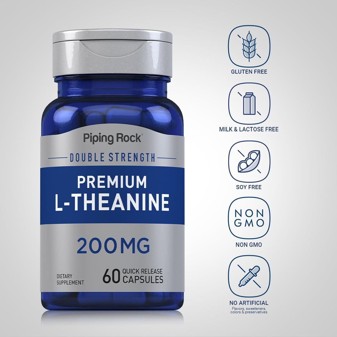 Picture of Piping Rock Double Strength Premium L-Theanine 200mg Supplement 60 Capsules