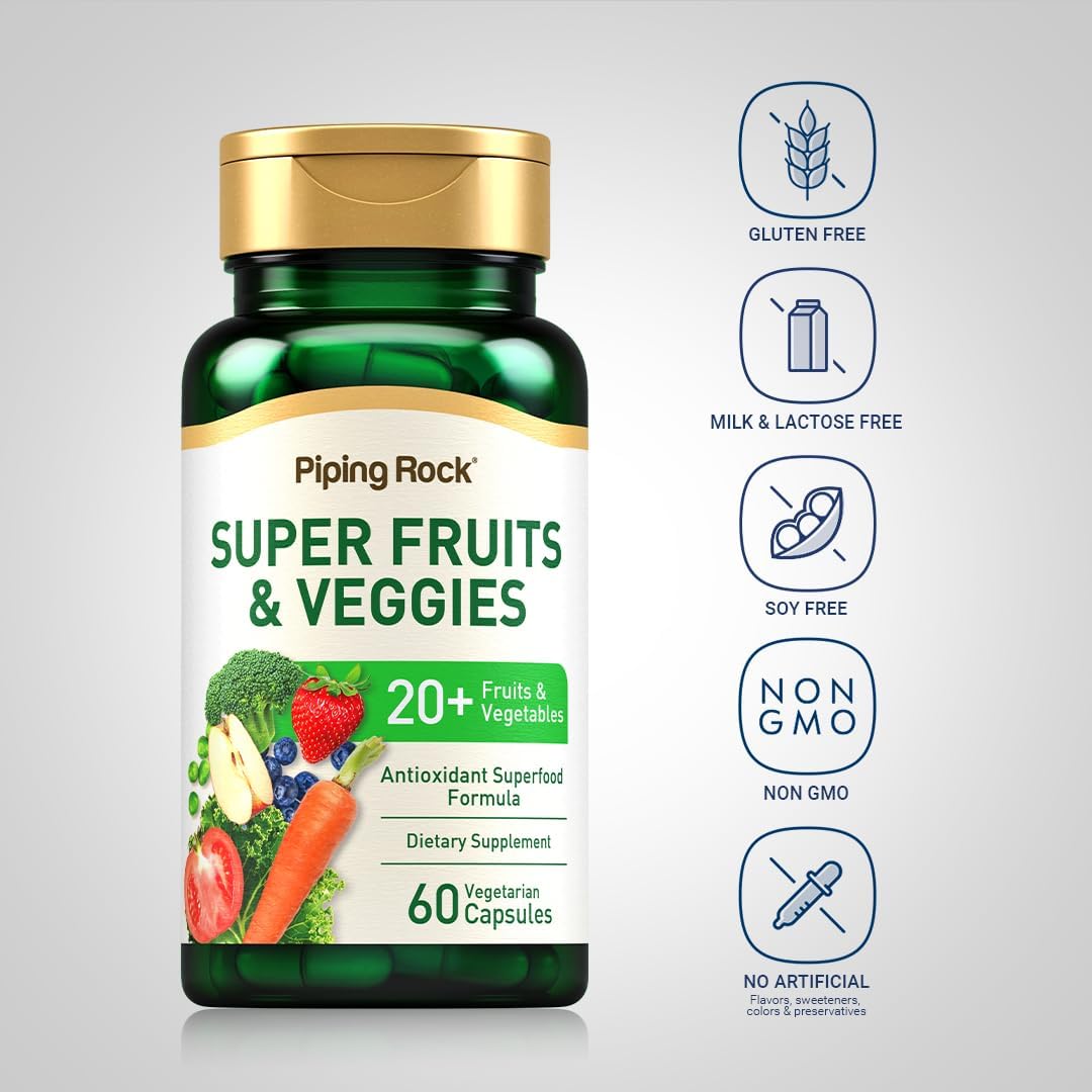 Picture of Piping Rock Fruits and Veggies Supplement | 60 Capsules | Superfood Fruit and Vegetables Vitamins | with Prebiotic Blend | Vegetarian Formula | Non-GMO, Gluten Free