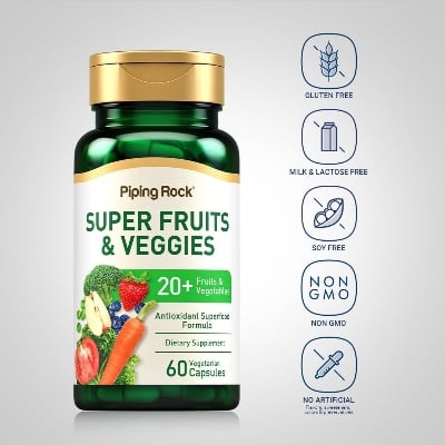 Picture of Piping Rock Fruits and Veggies Supplement | 60 Capsules | Superfood Fruit and Vegetables Vitamins | with Prebiotic Blend | Vegetarian Formula | Non-GMO, Gluten Free