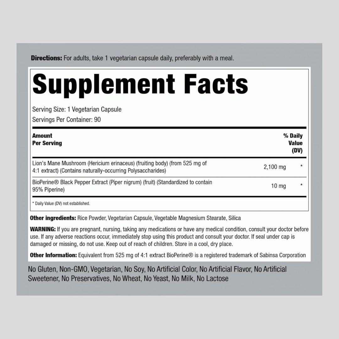 Picture of Piping Rock Lion's Mane Mushroom 2100 mg - 90 Vegetarian Capsules
