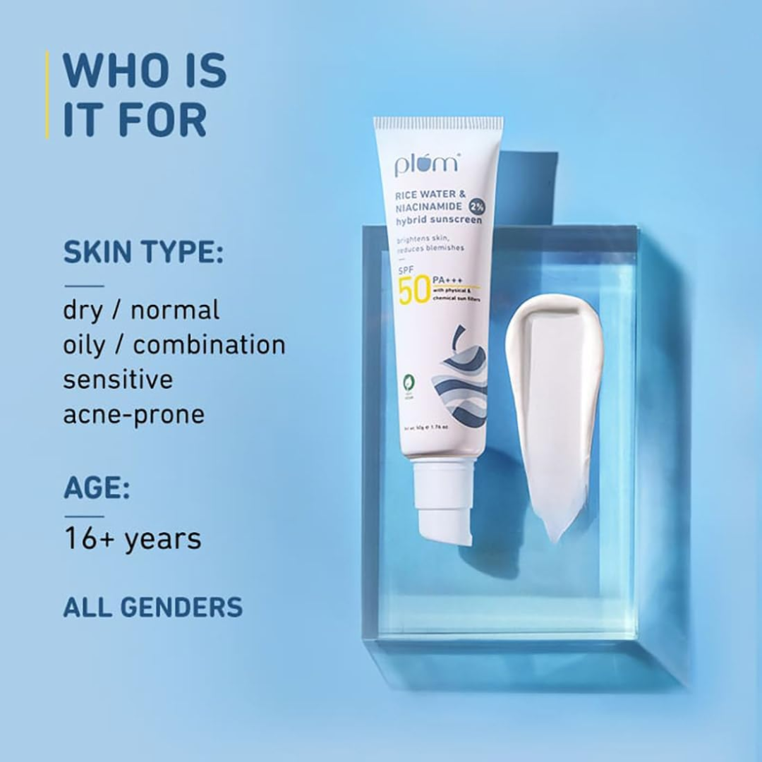 Picture of Plum 2% Niacinamide & Rice Water SPF 50 PA+++ Hybrid Sunscreen - 50g
