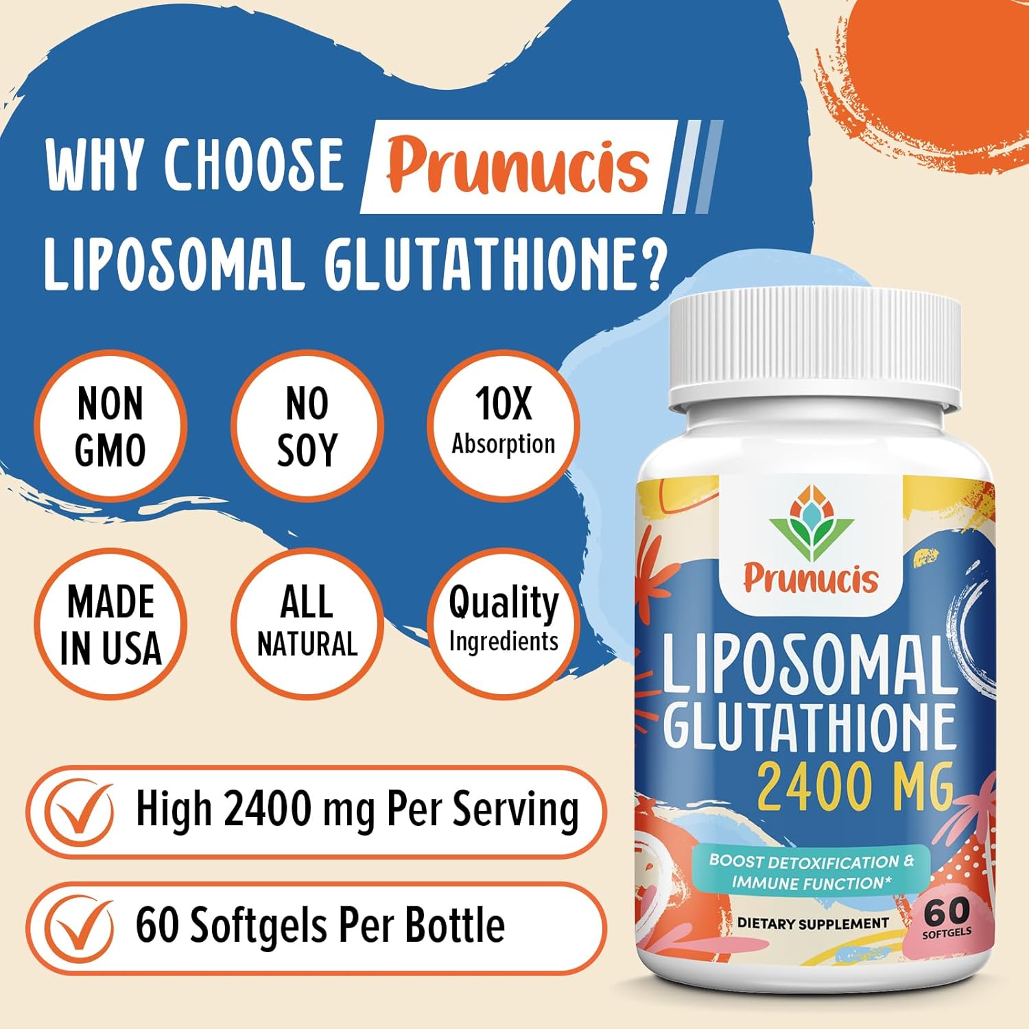 Picture of Prunucis 2400MG Liposomal Glutathione Reduced L-Glutathione Glutathione Supplement with Vitamin C Master Antioxidants, Enhanced Absorption - Non GMO Antioxidant Supplements Immune System 60 Softgels