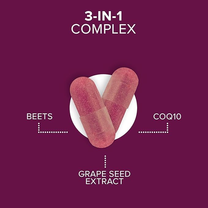 Picture of Qunol Blood Pressure Support Beets + CoQ10 + Grape Seed Extract Beet Root Capsules That Supports Healthy Blood Circulation & Heart Healthy Energy 60 Count