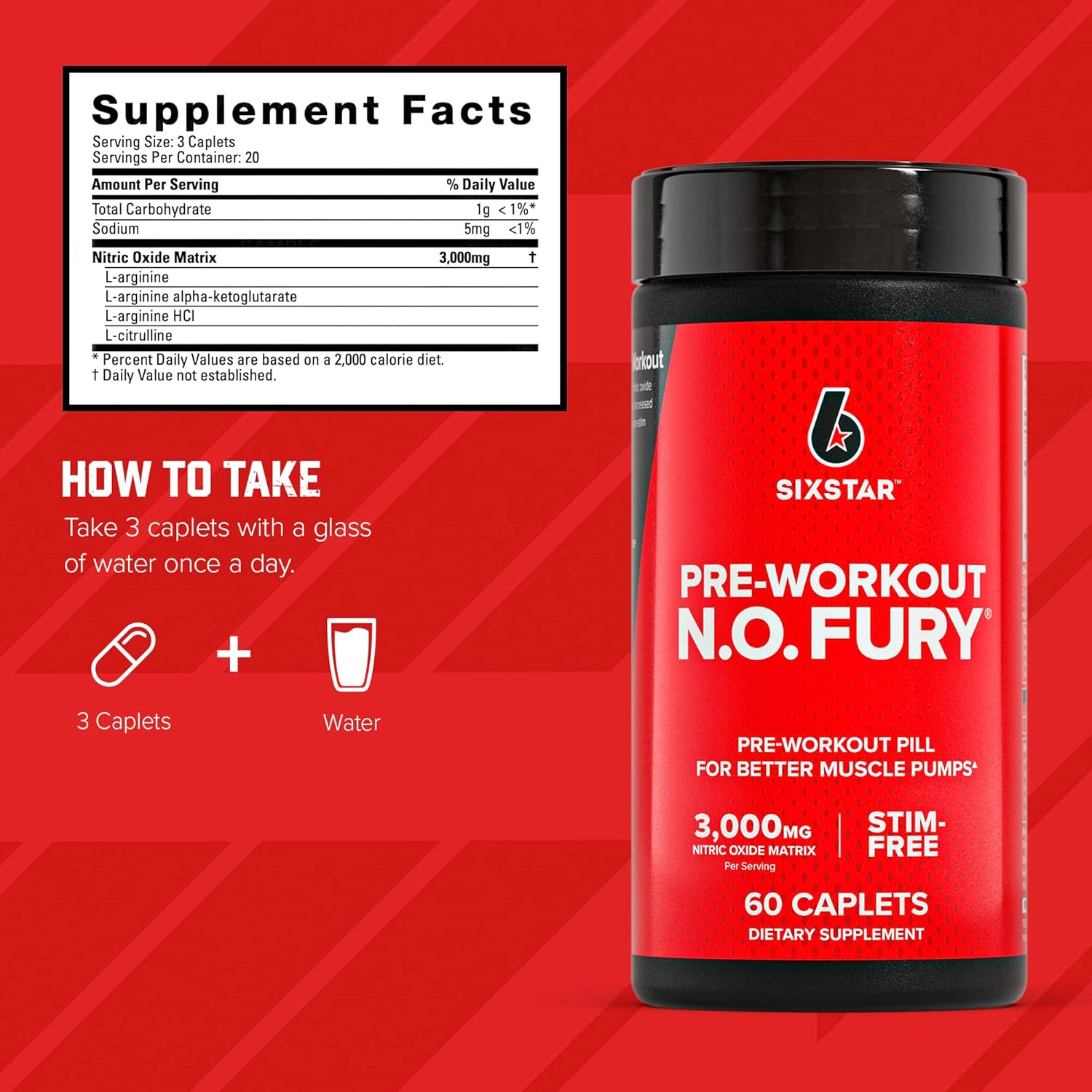 Picture of Six Star Nitric Oxide for Men & Women Muscle Builder 3000 mg 60 Caplets (Pre Workout, N.O. FURY)