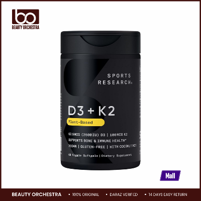 Picture of Sports Research® Vitamin D3 + K2 with Coconut MCT Oil Vegan D3 2500iu (62.5mcg - 2500iu) & Plant Based Vitamin K2 Supplement - 60 Softgels