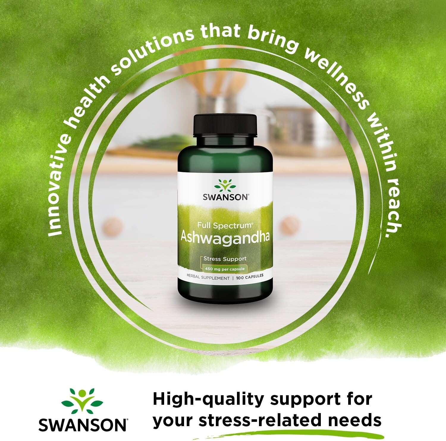 Picture of Swanson Ashwagandha Supplement-Ashwagandha Root & Aerial Parts Supplement Promoting Stress Relief & Energy Support-Ayurvedic Supplement for Natural Wellness (100 Capsules, 450mg Each)