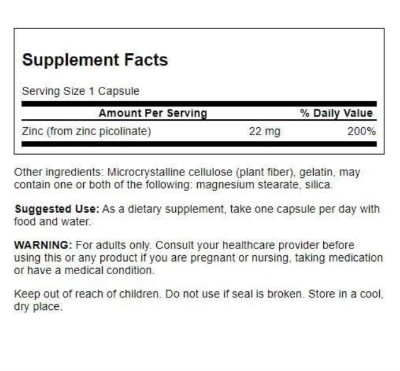 Picture of Swanson Zinc Picolinate - Mineral Supplement Promoting Prostate Health, Vision Health, & Immune Support - Body Preferred Form of Chelated Zinc - (60 Capsules, 22mg Each)