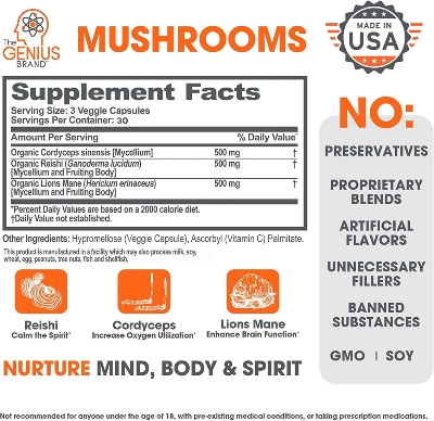 Picture of The Genius Mushroom Supplement - Lions Mane, Cordyceps, Reishi - Brain Nootropic for Energy, Focus, Overall Wellness, & Immune Support - 90 Capsules