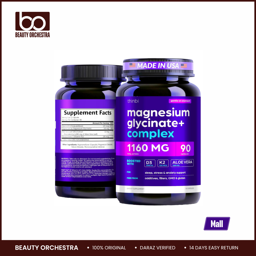 Picture of Thinbi Magnesium Glycinate 1160mg + Aloe Vera, D3 & K2 Complex 90 Capsules – High Absorption, Non-Laxative – Supports Healthy Stress Response, Muscle Function & Healthy Metabolism Chelated Formula