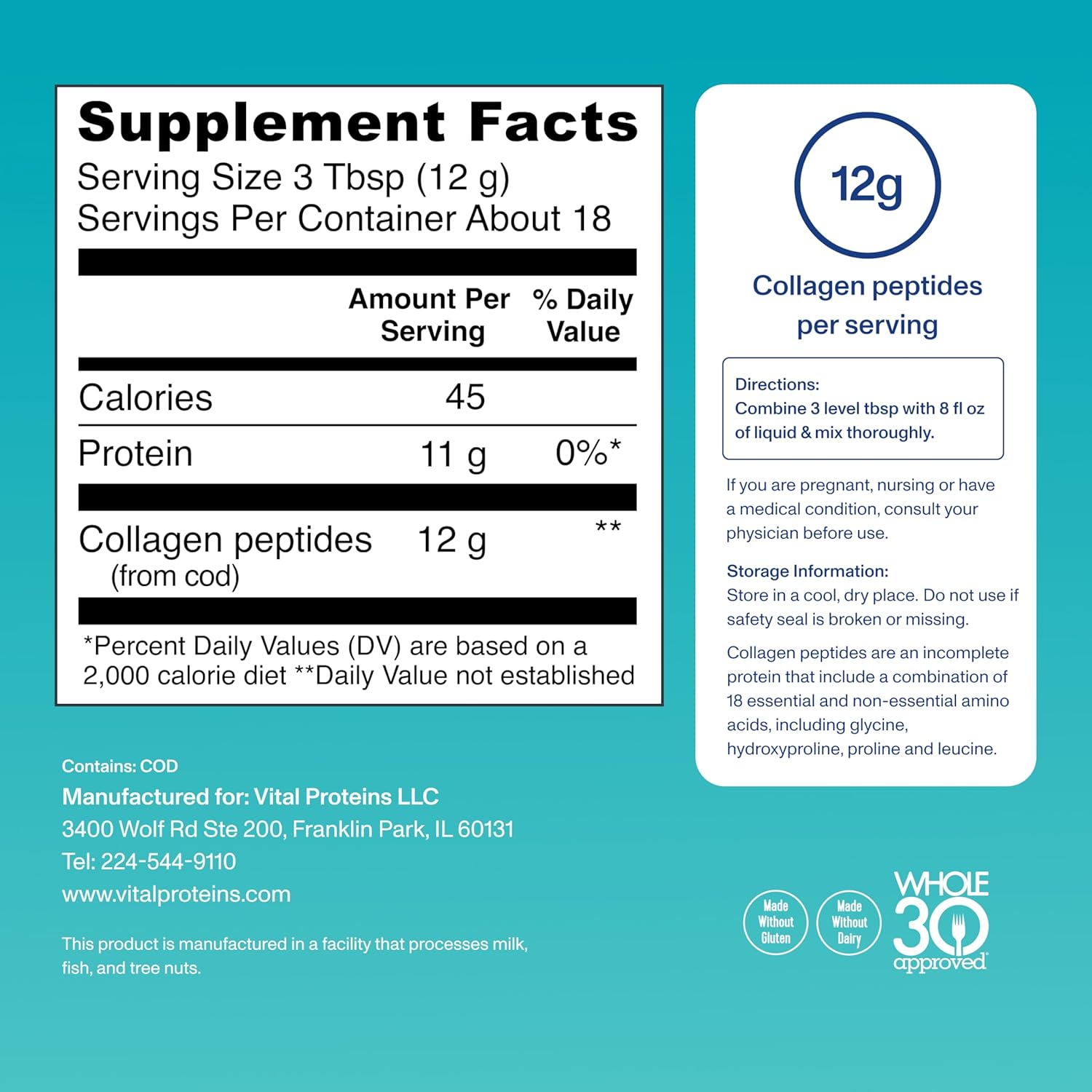 Picture of Vital Proteins Marine Collagen Peptides Powder Supplement for Skin Hair Nail Joint - Hydrolyzed Collagen - 12g per Serving - 7.8 oz Canister - 221gm