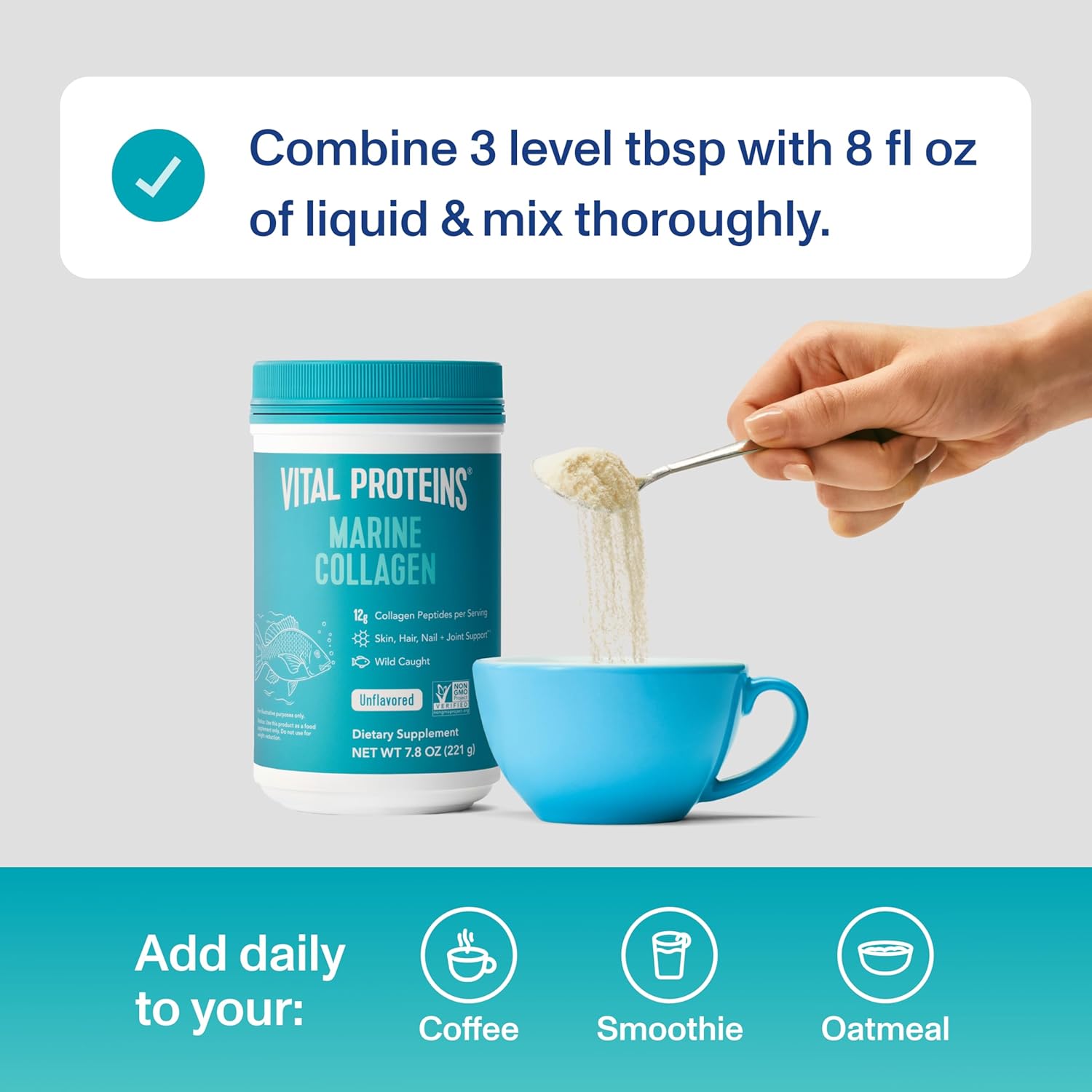 Picture of Vital Proteins Marine Collagen Peptides Powder Supplement for Skin Hair Nail Joint - Hydrolyzed Collagen - 12g per Serving - 7.8 oz Canister - 221gm