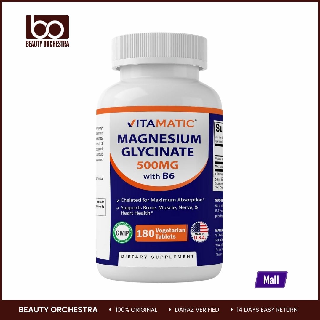 Picture of Vitamatic Magnesium Glycinate 500mg per Tablet - 180 Vegetarian Tablets (Uncoated) - Added B6 for Maximum Absorption - Supports Muscle Joint and Heart Health