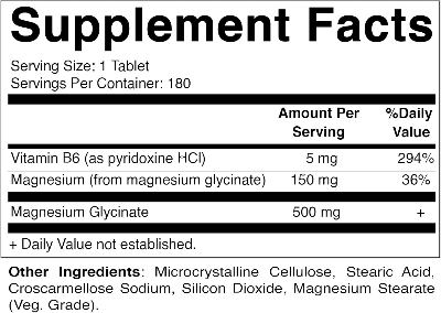 Picture of Vitamatic Magnesium Glycinate 500mg per Tablet - 180 Vegetarian Tablets (Uncoated) - Added B6 for Maximum Absorption - Supports Muscle Joint and Heart Health