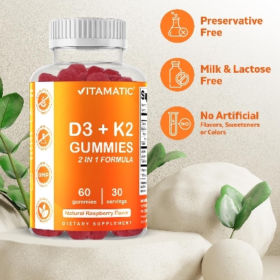 Picture of Vitamatic Vitamin D3 + K2 Gummies – 60 Count | Supports Bone, Heart & Immune Health – Promotes Calcium Absorption – Plant-Based