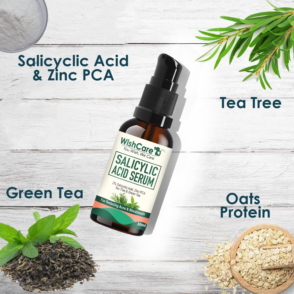 Picture of WishCare 2% Salicylic Acid Serum for Active Acne/Acne Marks & Blackheads with Zinc PCA Tea Tree & Green Tea - 30 ml