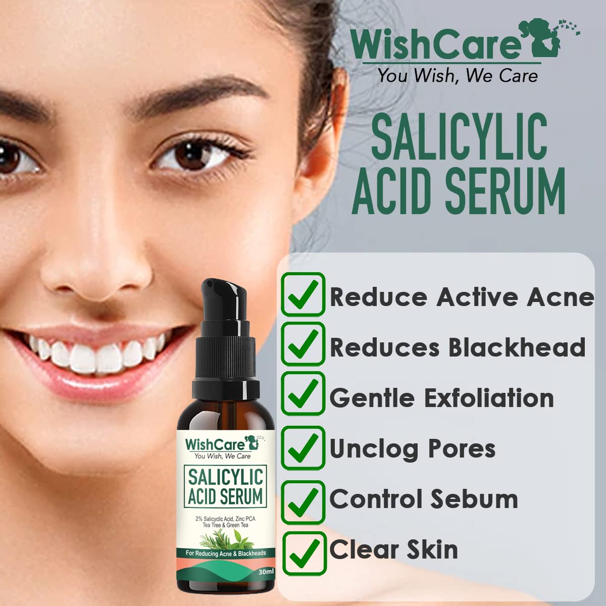 Picture of WishCare 2% Salicylic Acid Serum for Active Acne/Acne Marks & Blackheads with Zinc PCA Tea Tree & Green Tea - 30 ml
