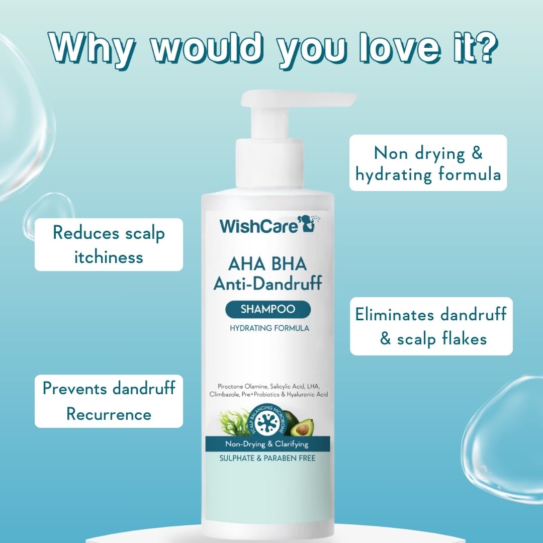 Picture of WishCare AHA BHA Anti Dandruff Shampoo for Women & Men- Piroctone Olamine, Salicylic Acid, LHA, Climbazole - 250ml