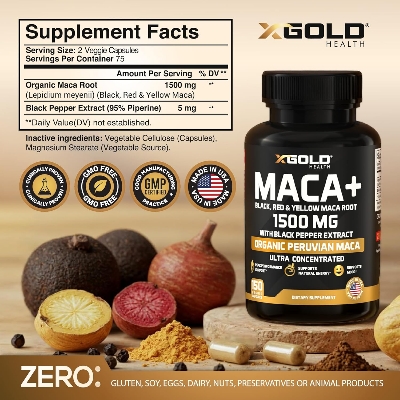 Picture of X Gold Health Organic Ma-ca Root 1500mg - 150 Veggie Capsules; Black, Red & Yellow Peruvian Maca Root Extract, Energy & Mood Supplement for Men & Women + Black Pepper for Best Benefits