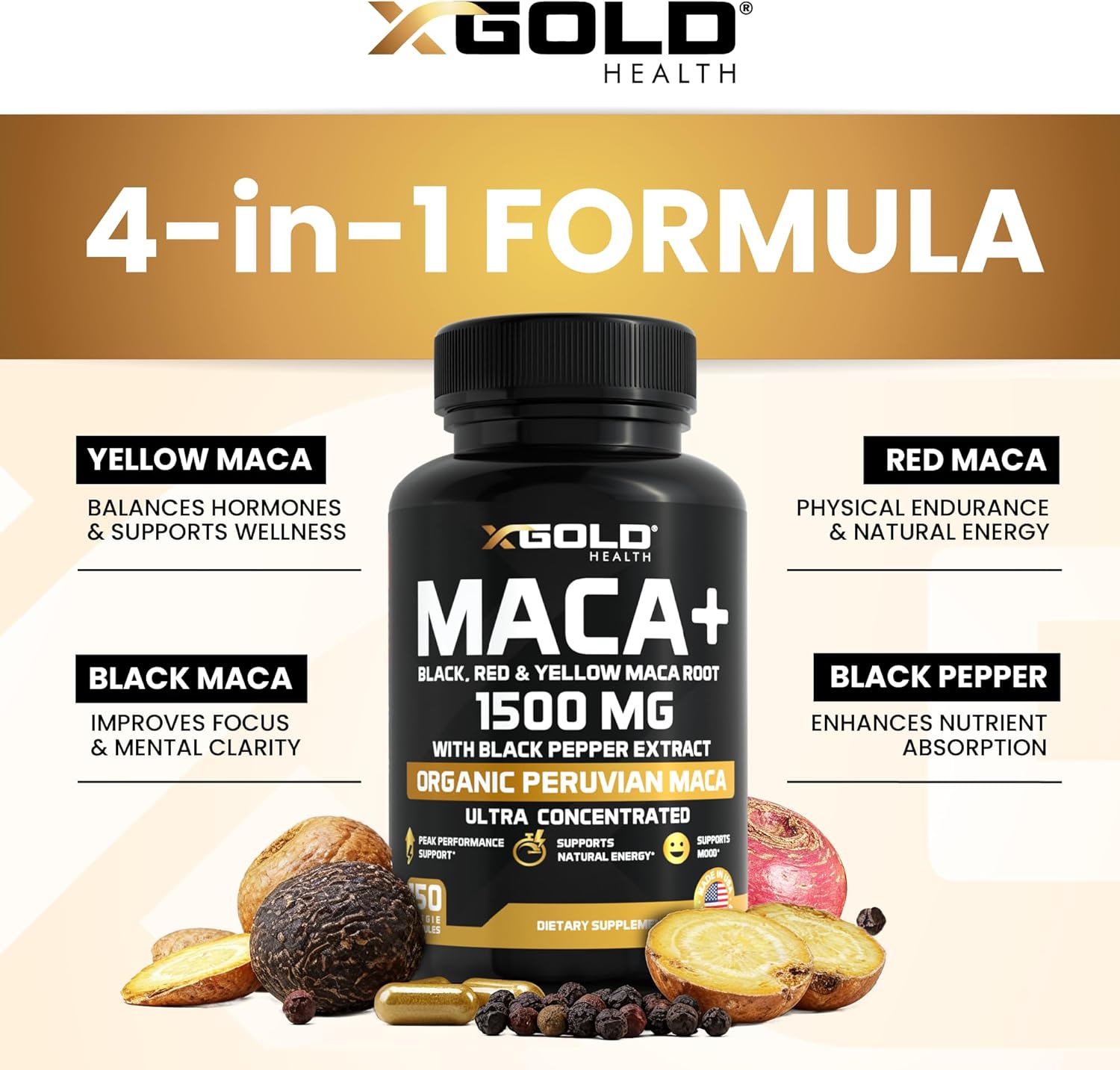 Picture of X Gold Health Organic Ma-ca Root 1500mg - 150 Veggie Capsules; Black, Red & Yellow Peruvian Maca Root Extract, Energy & Mood Supplement for Men & Women + Black Pepper for Best Benefits