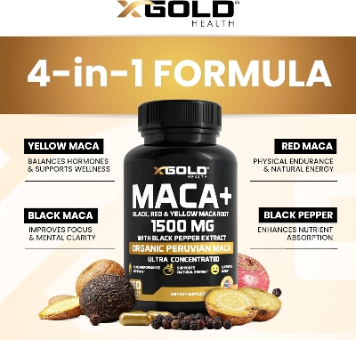 Picture of X Gold Health Organic Ma-ca Root 1500mg - 150 Veggie Capsules; Black, Red & Yellow Peruvian Maca Root Extract, Energy & Mood Supplement for Men & Women + Black Pepper for Best Benefits