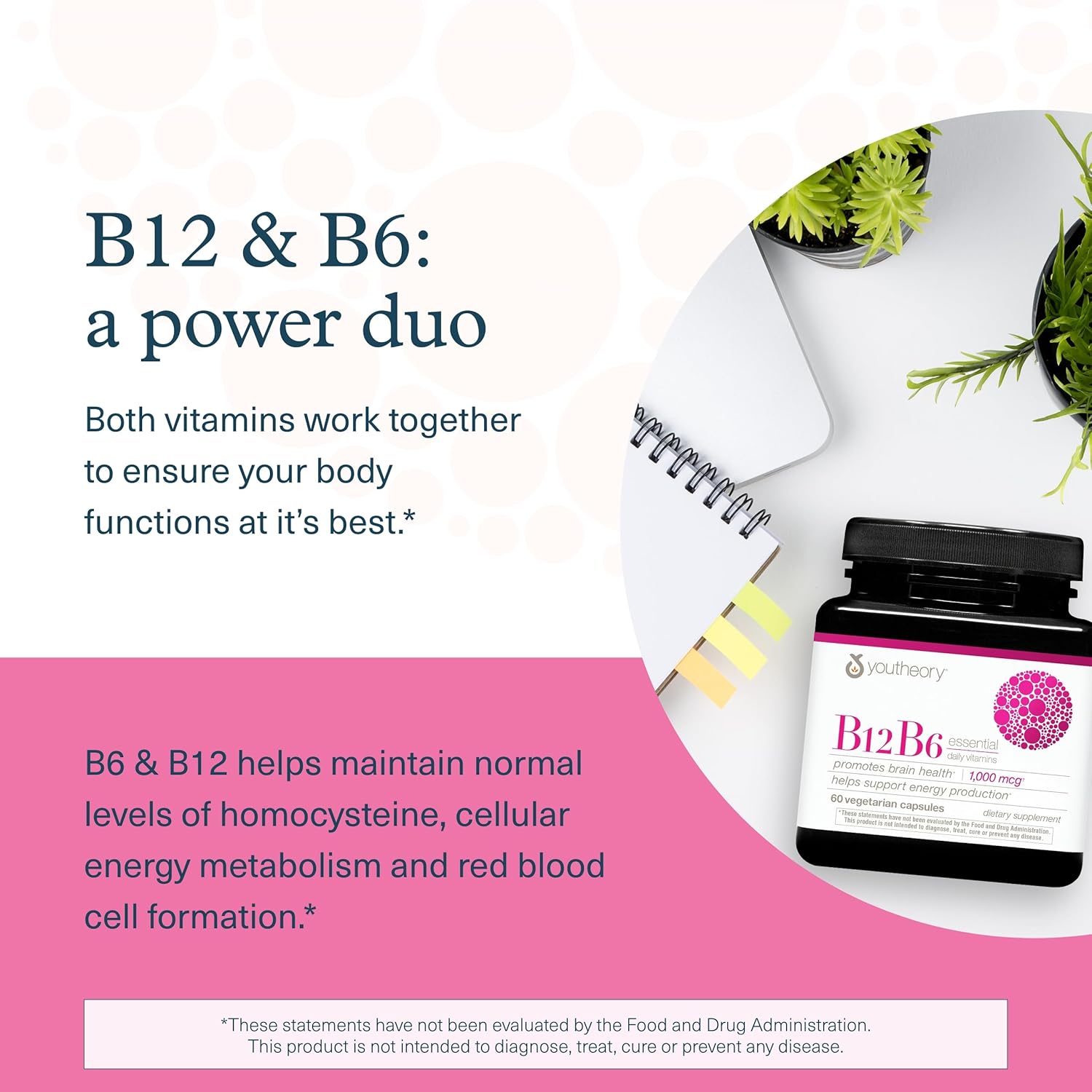Picture of Youtheory B12 B6 - Vegan Vitamin B6 & Vitamin B12 - Offers Brain Health Energy & Immunity Support - 60 Gummies