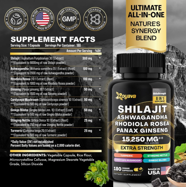 Picture of Zoyava Shilajit Panax Ginseng Ashwagandha  (15,250 MG - 180 Caps)