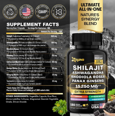 Picture of Zoyava Shilajit Panax Ginseng Ashwagandha  (15,250 MG - 180 Caps)