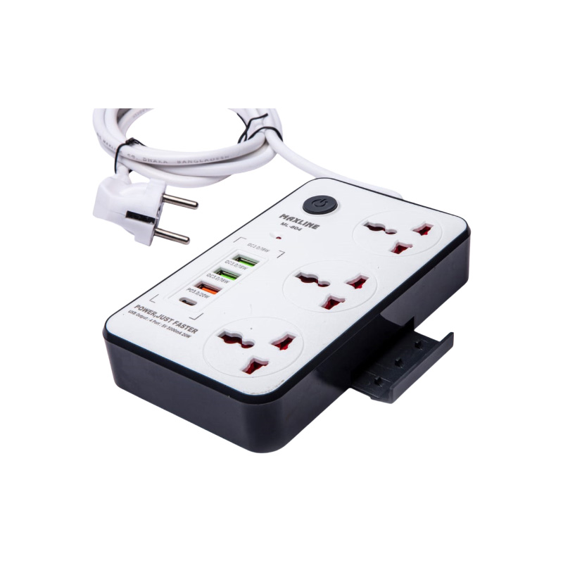 Picture of Maxline  Durable Multiplug Model: ML-804, 3 Sockets & 4 USB Fast Charging Multiplug Power Strip-2 Miter Wire/7 Fit Cable: