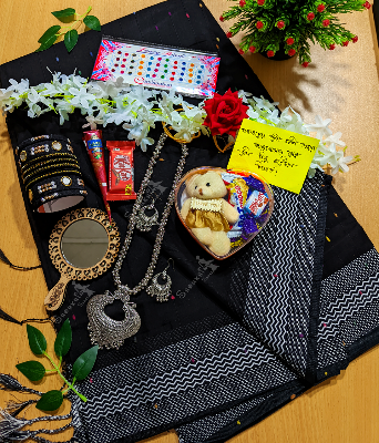 Picture of Sari Combo Gift Set - Saree Necklace Earrings Bangles Mehendi Mirror Kitkat Tip Love Chocolate Box with Doll Rose Gazra Chirkut and More