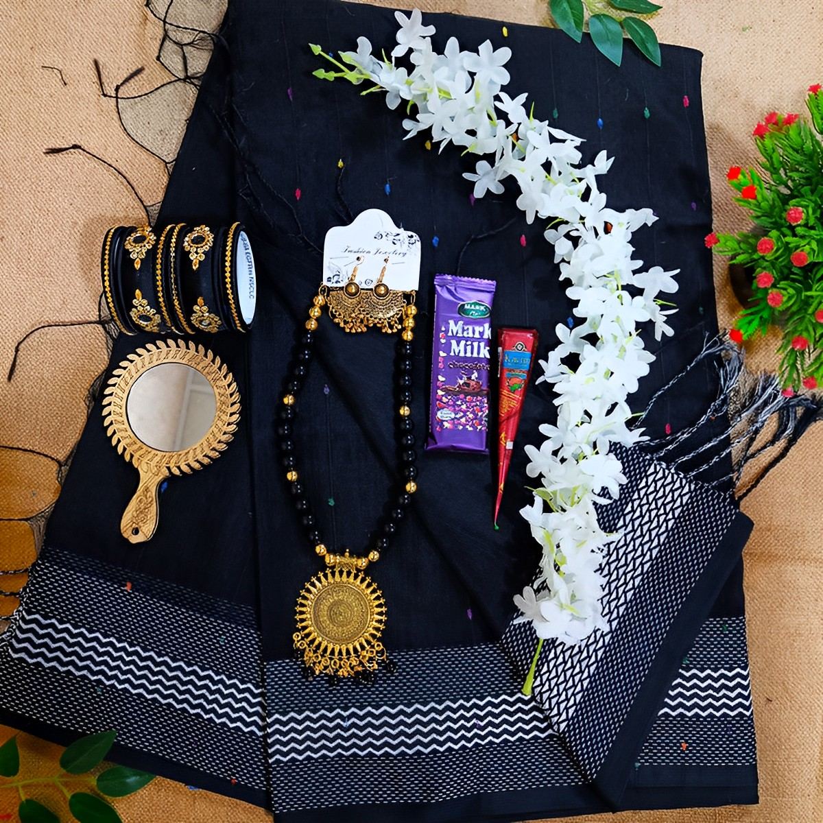 Picture of Exclusive Saree Combo Gift Set - Saree Bangles Necklace Earrings Mehedi Mirror Chocolate Gazra etc