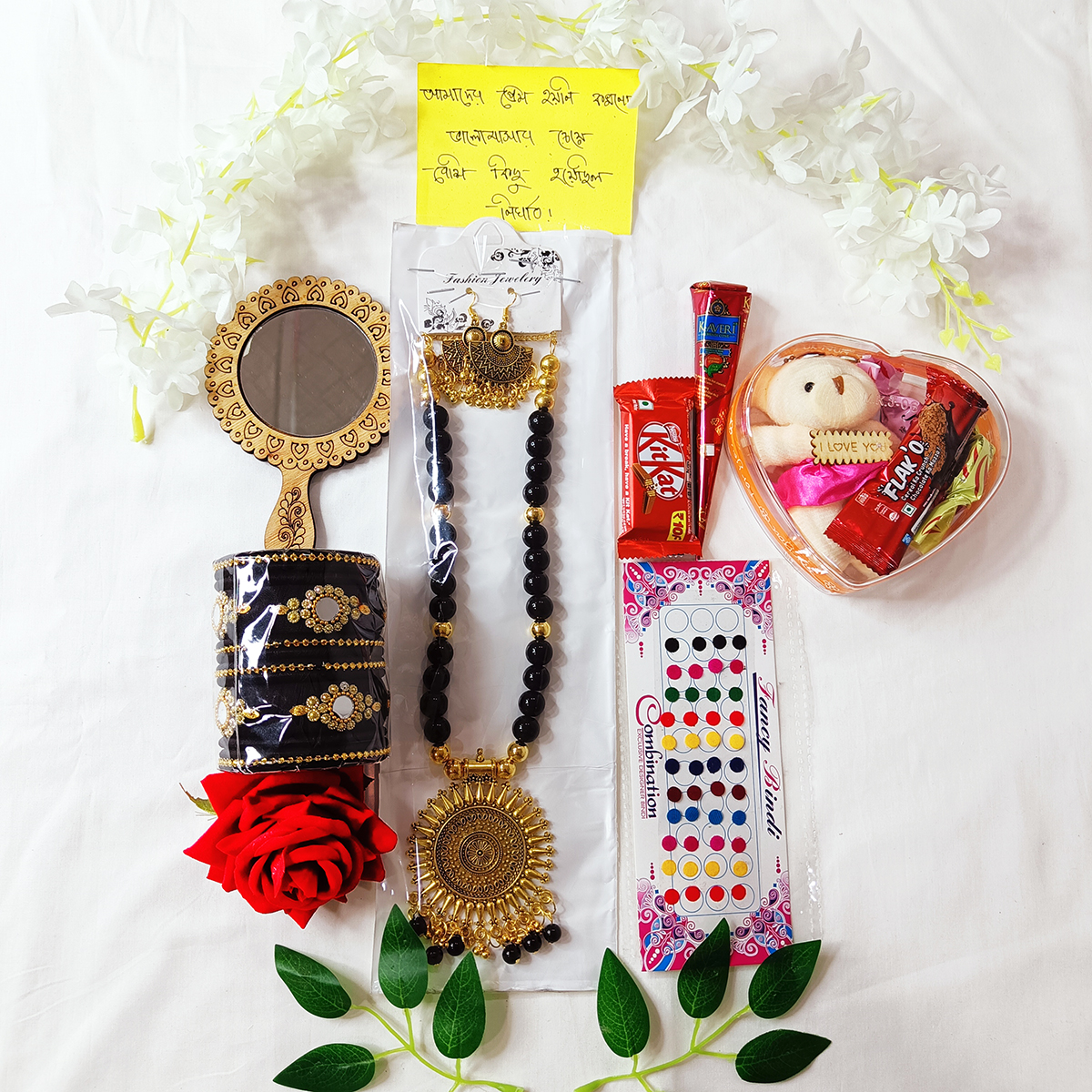 Picture of Saree Combo Gift Set - Which Contains Saree Necklace Earrings Bangles Mehedi Mirror Kitkat Tip Love Chocolate Box with Doll Rose Gazra Chirkut and More
