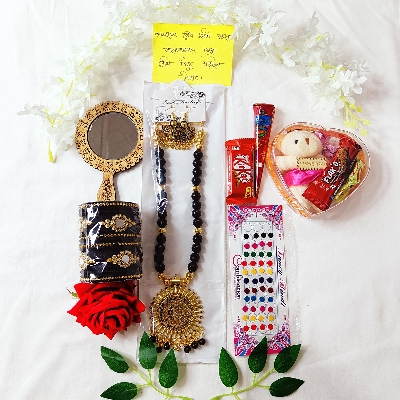Picture of Saree Combo Gift Set - Which Contains Saree Necklace Earrings Bangles Mehedi Mirror Kitkat Tip Love Chocolate Box with Doll Rose Gazra Chirkut and More