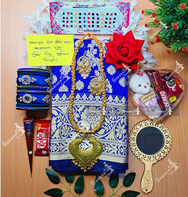 Picture of Tangail Katan Saree Combo Gift Set- Sari Churi Necklace Earrings Mirror Kitkat Mehedi Tip Golap Love Chocolate Box etc