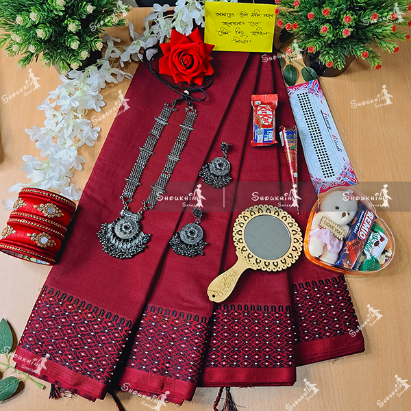 Picture of Tangail Saree Combo Set for Women - Sari Churi Necklace Earrings Mirror Kitkat Mehedi Tip Golap Love Chocolate Box etc