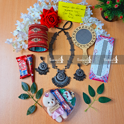 Picture of Tangail Saree Combo Set for Women - Sari Churi Necklace Earrings Mirror Kitkat Mehedi Tip Golap Love Chocolate Box etc