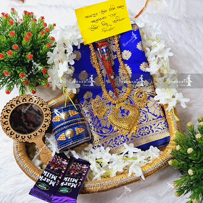 Picture of Tangail Tat Nil Katan Saree Combo Set for Women - Saree  Churi Necklace Gazra Chocolate Mirror Etc