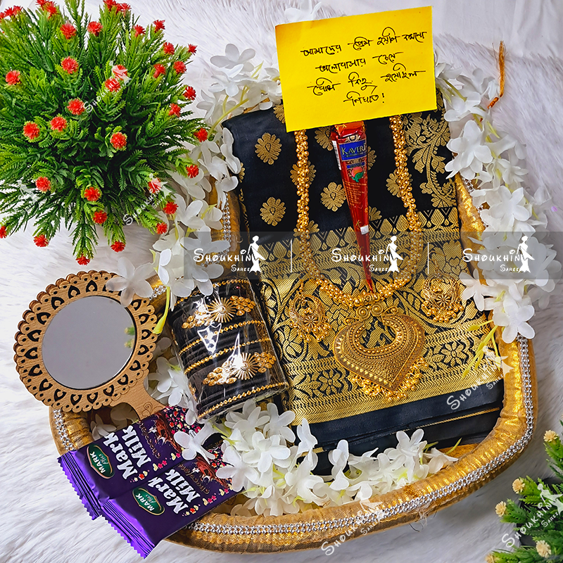 Picture of Tangail Katan Saree Combo Set for Women - Saree Churi Necklace Gazra Chocolate Mirror Etc