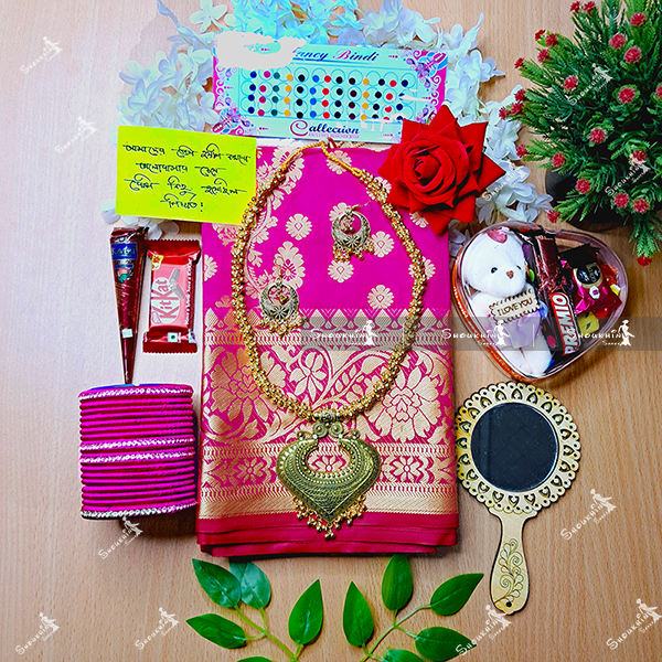 Picture of Tangail Katan Saree Combo Gift Set- Sari Churi Necklace Earrings Mirror Kitkat Mehedi Tip Golap Love Chocolate Box etc