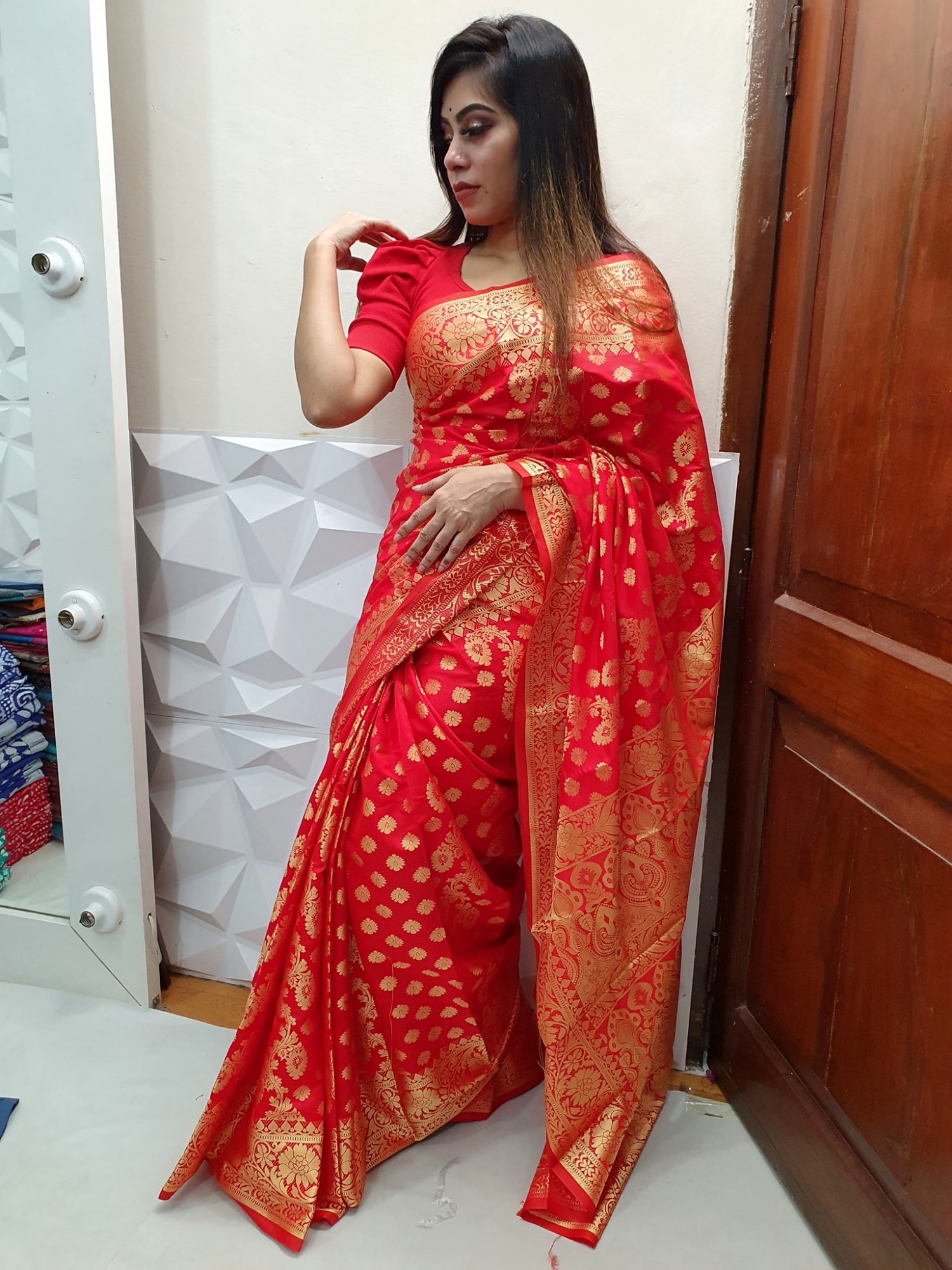 Picture of Tangail Katan Saree Combo Gift Set- Sari Churi Necklace Earrings Mirror Chotolate Mehedi Tip Golap Love Chocolate Box etc