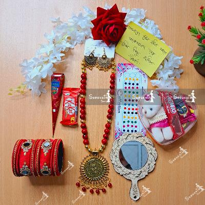 Picture of Tangail Katan Saree Combo Gift Set- Sari Churi Necklace Earrings Mirror Chotolate Mehedi Tip Golap Love Chocolate Box etc